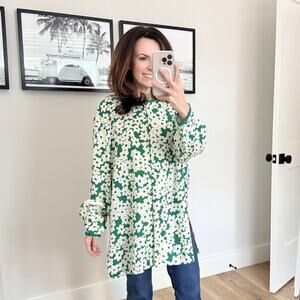 Vintage Silk Tunic Blouse Plus Size 16 Green White Floral Boho Whimsical SHOMI